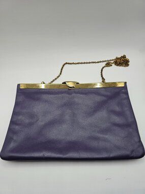 Vintage 1950s 60s Etra Plum Leather Evening Clutch Gold Frame Chain Purse